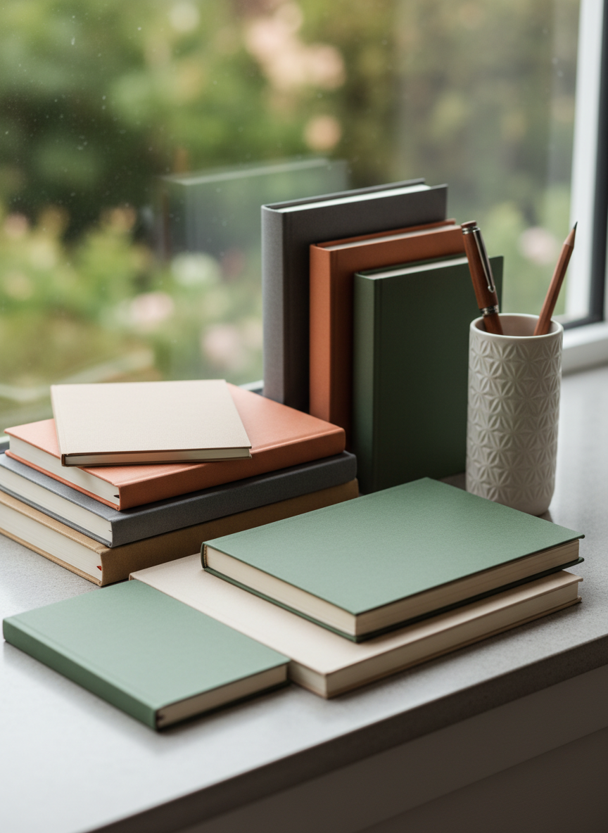 A carefully arranged stack of matte, textured hardcover journals and notepads in natural earthy colors sits atop a smooth, stone windowsill. Outside, blurred garden greenery hints at tranquility, while inside, the journals are accompanied by a single elegant ceramic pen holder. Diffused, soft overcast daylight offers gentle illumination, caressing the edges of the notebooks and softly reflecting off neutral surfaces. The composition features asymmetrical balance, with foreground details in sharp focus and a subtly blurred background, evoking a contemplative, introspective mood suitable for inner peace and self-reflection. The style is clean, structured, and photographic, aligning with a professional blog's quiet sophistication.