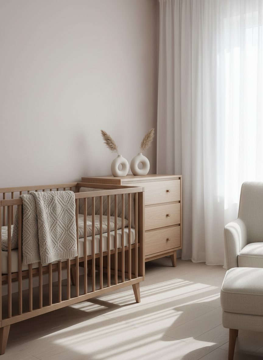 An elegant, neutral-toned nursery corner showcasing a sleek, modern wooden crib with soft, tactile bedding in muted beige and cream. The background features a tidy chest of drawers with minimalist ceramic decor, set against a barely-there pastel wall. Soft daylight streams in through sheer curtains, illuminating the space with a soothing, even light and creating subtle, elongated shadows. The shot is composed at eye level with the crib placed along the rule of thirds, producing a sense of gentle anticipation and nurturing calm. The image style is photographic and clean, complementing themes of maternity, comfort, and generational care.