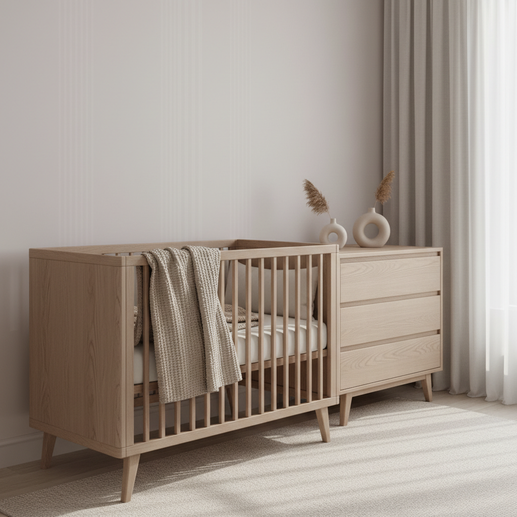 An elegant, neutral-toned nursery corner showcasing a sleek, modern wooden crib with soft, tactile bedding in muted beige and cream. The background features a tidy chest of drawers with minimalist ceramic decor, set against a barely-there pastel wall. Soft daylight streams in through sheer curtains, illuminating the space with a soothing, even light and creating subtle, elongated shadows. The shot is composed at eye level with the crib placed along the rule of thirds, producing a sense of gentle anticipation and nurturing calm. The image style is photographic and clean, complementing themes of maternity, comfort, and generational care.