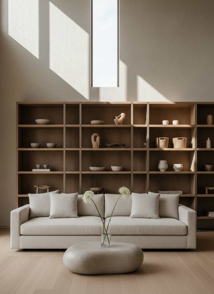 A minimalist living room retreat with a low-profile, pale linen sofa arranged near a smooth stone coffee table, holding a simple glass vase filled with three white wildflowers. The setting’s backdrop is a structured shelving unit in warm muted tones, holding carefully spaced ceramic and wooden decor. Light enters in delicate streaks from a high, narrow window, casting crisp, geometric lines onto the neutral walls and floor. This eye-level, wide-angle shot celebrates clean symmetry and visual calm, resulting in a serene, ordered, and professionally styled atmosphere. The modern photographic realism suits the theme of crafting peaceful, authentic living spaces.