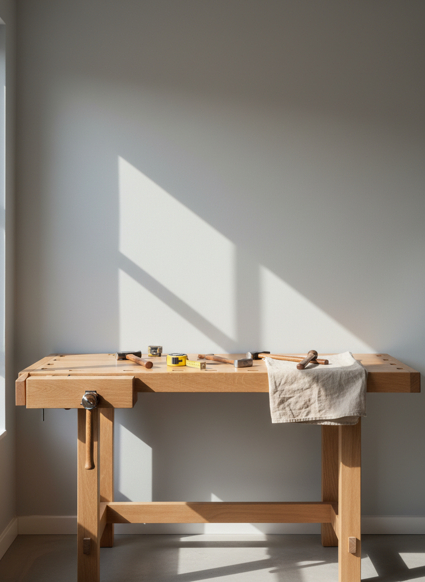 A meticulously restored wooden workbench featuring smooth, pale oak with subtle grain patterns, arranged against a freshly painted, soft-grey wall. On the bench, a neat array of hand tools—polished metal hammers, measuring tape, and a folded linen drop cloth—conveys organization and intent. Warm afternoon sunlight filters through a large window, casting gentle, structured shadows across clean lines and emphasizing the workspace’s calm order. The composition is slightly elevated and centered, highlighting symmetry and a sense of purpose, while the crisp focus and balanced layout reflect a calm, professional mood. The overall effect is a photographic, minimalist rendition ideal for a renovation and DIY-inspired blog.